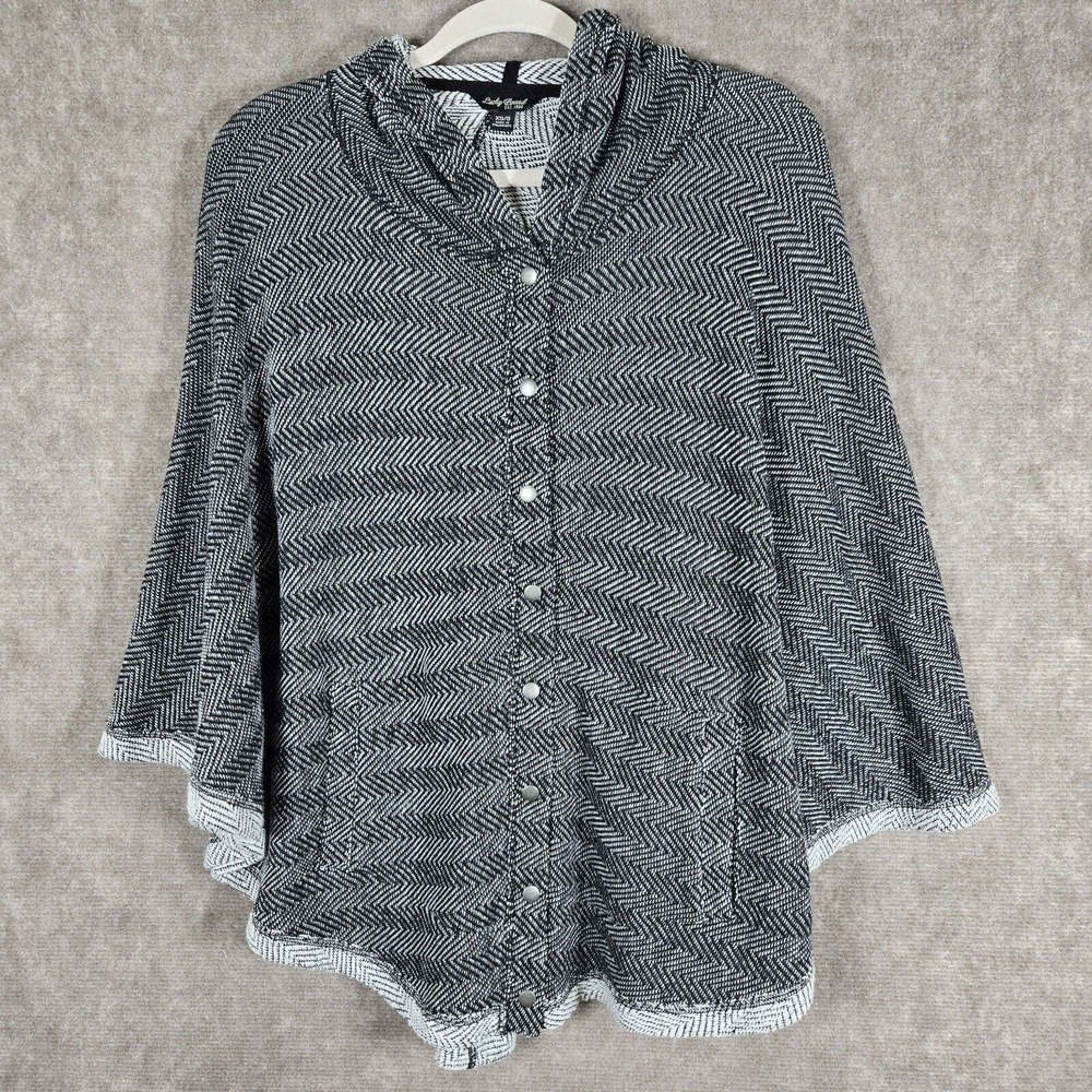 Lucky Brand Poncho Sweater Womens XS/Small Grey Knit Hooded Snap Front Chevron